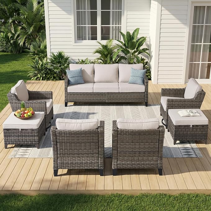Outdoor Furniture Set of 7, Patio Furniture Set with 4 Wicker Swivel Rocker Chairs, 2 Ottomans and Sofa, High Back&Deep Seat for Garden Deck Porch Balcony Backyard - Beige