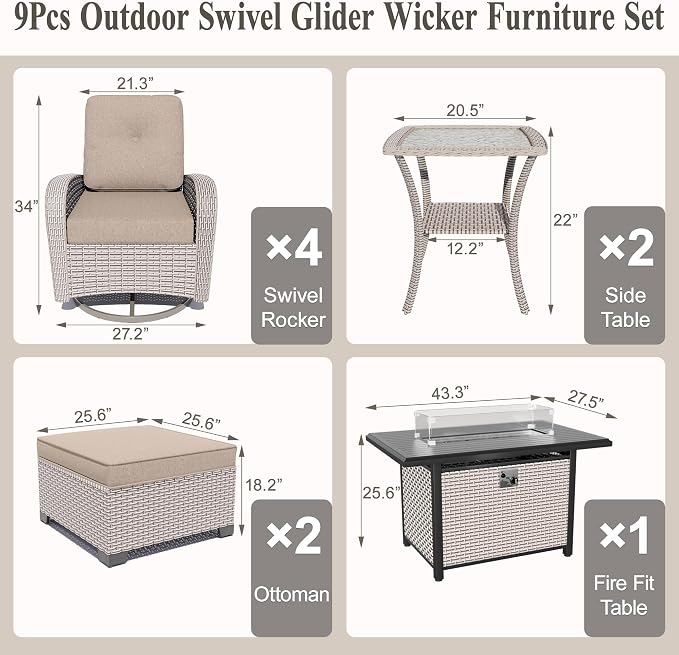 9-Piece Patio Furniture Set, Outdoor Swivel Rocking Chairs Set with 55,000 BTU Fire Pit Table,All Weather Conversation Set for Porch Poolside Balcony