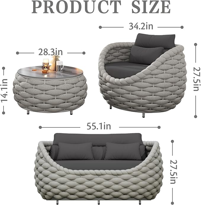 4-Piece Aluminum Wicker Patio Furniture Set, All Weather Rattan Conversation Sofa with Waterproof Cushion & Round Coffee Table, Indoor Balcony Backyard Sectional Couch, Dark Grey