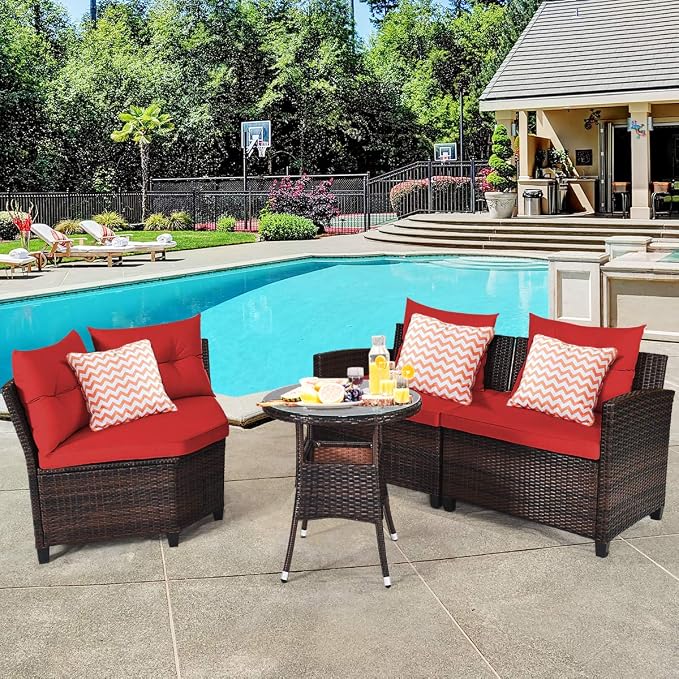 COSTWAY 4-Piece Patio Furniture Set, Wicker Rattan Sofa with Cushions and Coffee Table, Outdoor Sectional Conversation Sofa Set for Poolside Backyard Lawn Backyard (Red)