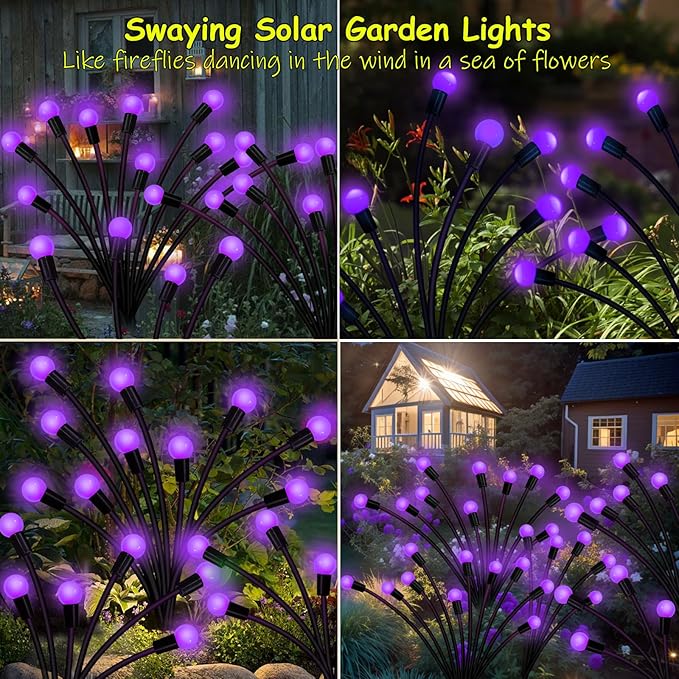 Kohlrabi Solar Garden Lights Outdoor, 4 Pack 32 LED Solar Purple Firefly Lights Waterproof, Sway by Wind, Halloween Swaying Light for Yard Patio Backyard Garden Planter Flower Bed Pathway Decoration