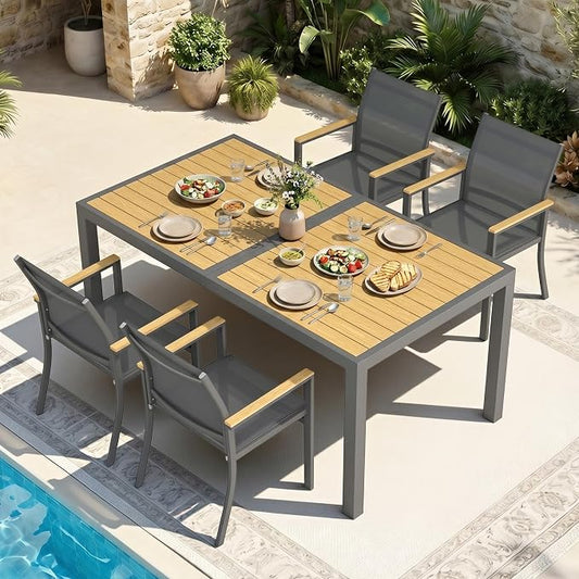 5-Pieces Aluminum Patio Table and Chairs for All-Weather, Patio Table Set with Heavy Duty HDPS Rectangular Table, Outdoor Patio Dining Furniture Set with Breathable Quick-Drying Textilene Chairs