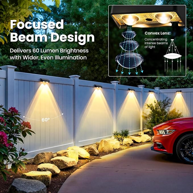 Solar Fence Lights Outdoor, Color Changing, Waterproof IP65, 4 Pack | 11 Modes, 9 Colors 50 LM Solar Lights Waterproof with LED Focus Lens for Wall Backyard Deck Patio Porch Step Pool Decor
