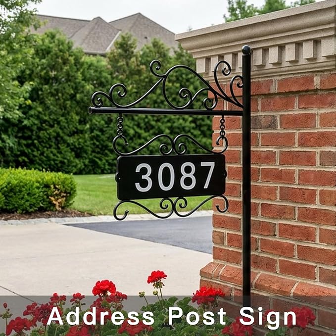 Metal Address Sign, Home Numbers Plaque, Address Post Sign Double-Sided | Suitable as a housewarming gift or decorative item, Street House Numbers for Home Street Mailbox Garden Yard (44" Pole)
