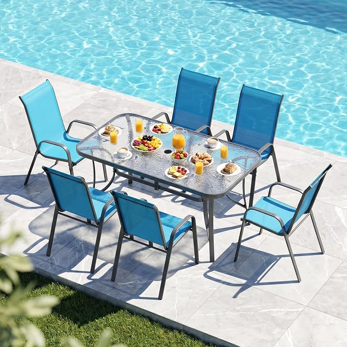 MAMIZO 7 Pieces Patio Dining Set for 6, Outdoor Table and Chairs w/Rectangle Glass Table and 6 Textilene Stackable Chairs, Patio Furniture Set w/1.69" Umbrella Hole (Grey Table & Sky Blue Chair)