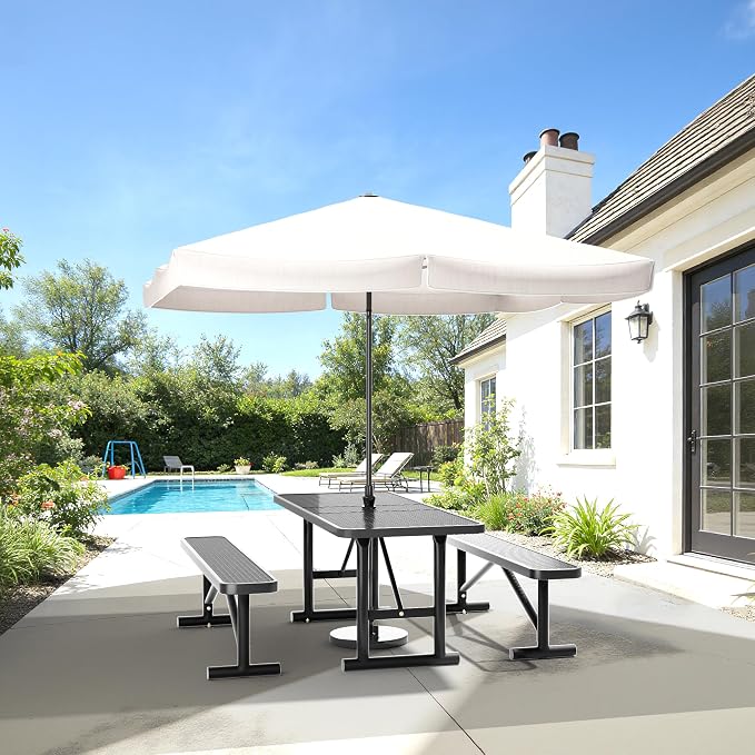 6FT Metal Picnic Tables for Outdoors, Commercial Rectangular Picnic Table for Outside, Park, Campfield, Patio, Garden, Yard, Thermoplastic Coating, Surface Mounted, Black