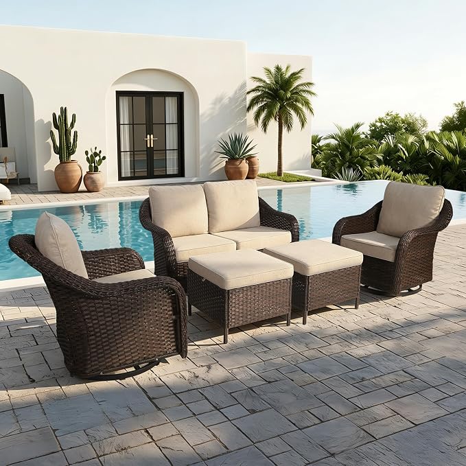 5 Piece Patio Wicker Conversation Set, All-Weather Use Outdoor Wicker Loveseat with 2 PE Rattan Ottomans,2 Swivel Chair, Ideal for Porch, Backyard, Balcony, Poolside, Beige