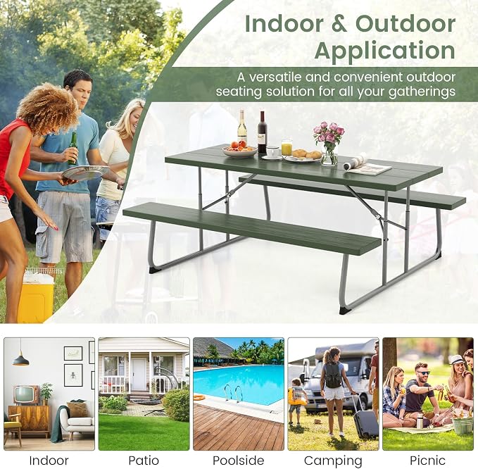 Giantex Folding Picnic Table - 6 FT Outdoor Table Bench Set for 8 Persons w/All-Weather HDPE Tabletop, Metal Leg, Umbrella Hole, Large Outside Dining Table for Patio Garden Yard Poolside (Green)