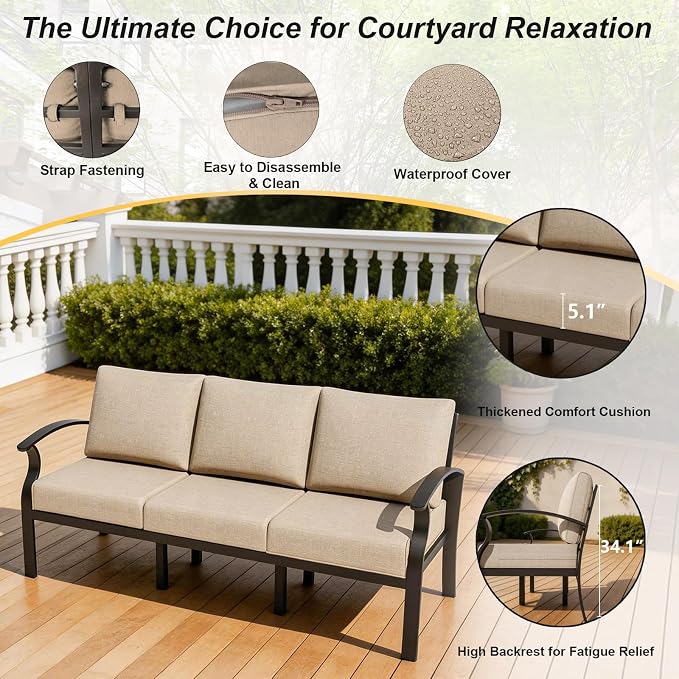 Gotland Aluminum Patio Furniture Set with Fire Pit Table, Metal Patio Furniture with 2 Swivel Rocking Chairs Waterproof 5.1'' Seat Cushions, Oversized Outdoor Sectional for Garden Balcony Porch Khaki
