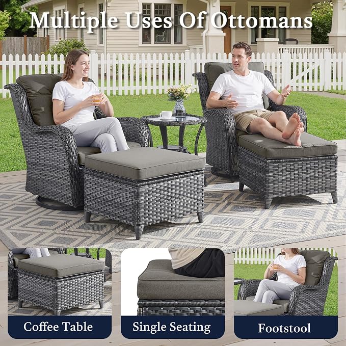 Outdoor Patio Furniture Set-5 Piece Outdoor Swivel Rocker Chairs with Ottomans Patio Furniture Set for Deck Balcony Poolside Backyard-Grey/Grey