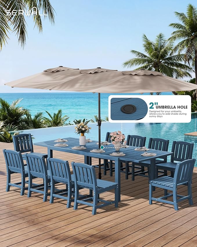 SERWALL Outdoor Patio Dining Set for 8, Blue | 60" - 83" Expandable Outdoor Dining Table and 8 HDPE Chairs, All Weather Material Outdoor Furniture Set Backyard, Garden
