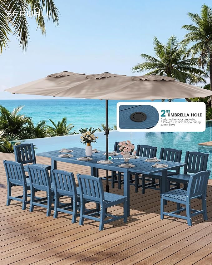 SERWALL Outdoor Patio Dining Set for 6, Blue | 60" - 83" Expandable Outdoor Dining Table and 6 HDPE Chairs, All Weather Material Outdoor Furniture Set Backyard, Garden