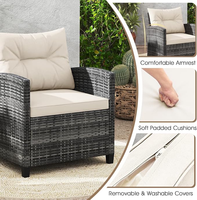 ORALNER 3 Pieces Patio Furniture, Outdoor Wicker Conversation Set Chairs with Soft Cushions and Glass Coffee Table, Mix Gray Rattan Bistro Set for Balcony Garden Deck Front Porch Poolside (White)