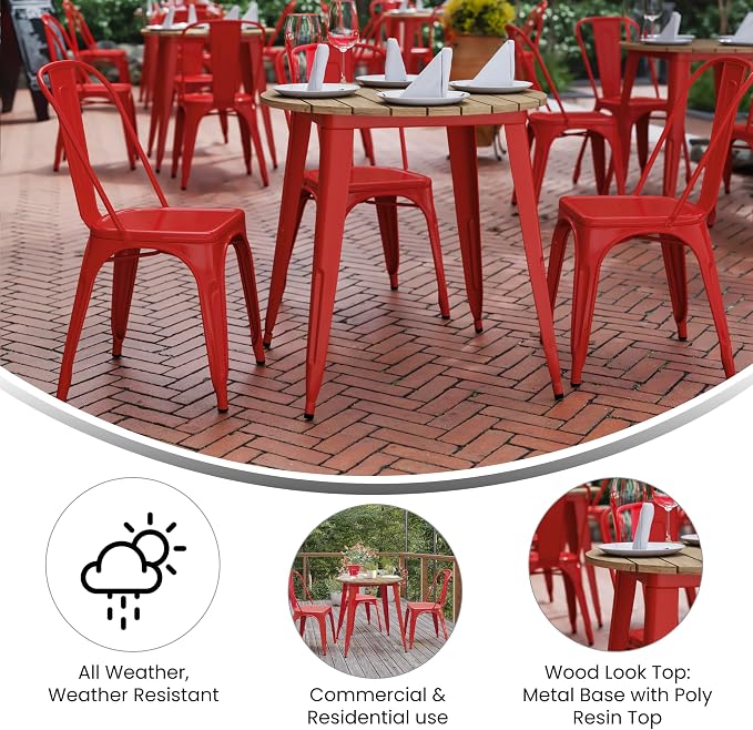 EMMA + OLIVER Drew Dining Table - Brown 30" Round Poly Resin Table Top - Red Steel Base - All-Weather for Indoor/Outdoor Use