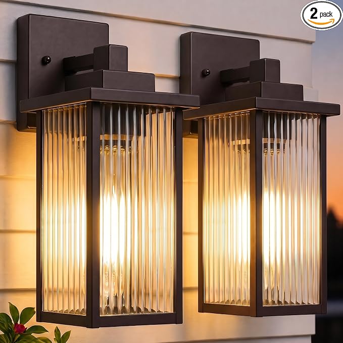 2-Pack 13" Oil-Rubbed Bronze Outdoor Wall Light, All-Metal Porch Light | Textured Glass Softens Glare, Stays Bright. Rust-Resistant Bronze Metal. Pre-Assembled DIY Install. For Porch, Garage & Entry