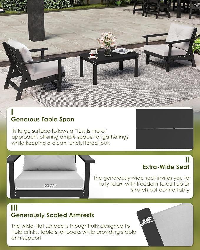 GREENVINES 3-Piece-Patio-Furniture-Set | HDPE Plastic | Outdoor Sectional Conversation Sets | All-Weather Couch | Sofa with Coffee Table | Detachable Armrests | for Deck Lawn | Black