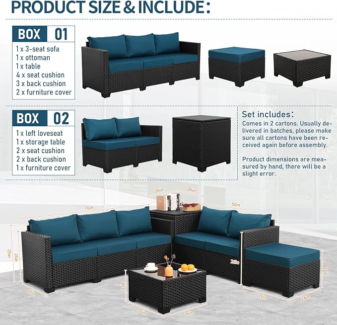 Valita Patio Furniture Set with Storage Box 5 Pieces Black Wicker Outdoor Couch Sectional with Glass Table and Non-Slip Cushions and Furniture Covers, Peacock Blue