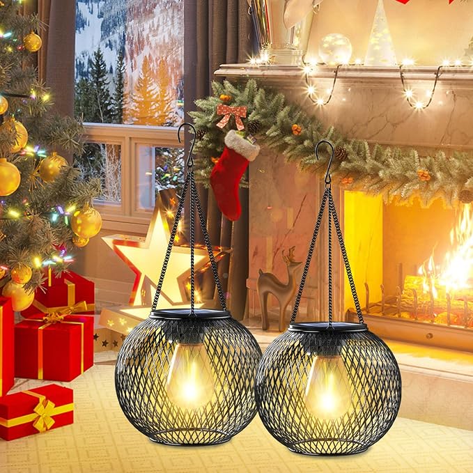Solar Lantern Outdoor, Upgraded Hanging Lights Outdoor Garden Metal Lanterns Decorative Lighting Powered Waterproof Tree for Yard Patio Pathway, 2 Pack, Black