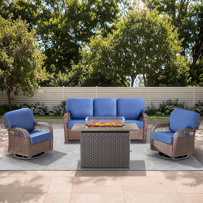 4 Piece Outdoor Patio Furniture Set with Fire Pit Table, Wicker Patio Conversation Set with 2 Swivel Rocker Chairs Rattan Sofa and Removable 5" Thick Cushions for Deck Backyard Blue