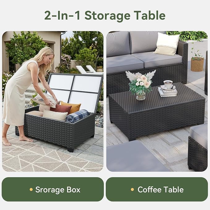 Aoxun Patio Furniture Set with Fire Pit Table, 7 Seats Piece Outdoor Furniture Set with Wicker Ottomans, Rattan Outdoor Sectional Sofa with Storage Table & Waterproof Cover Grey