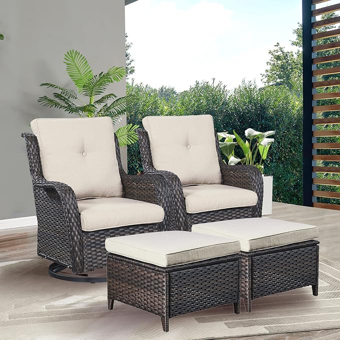 Rilyson Luxury 4 Pieces Patio Wicker Furniture Set, Outdoor Rattan Bistro Set with Rocking Swivel Chair, Ottoman and Thickened Cushions (Brown/Beige)