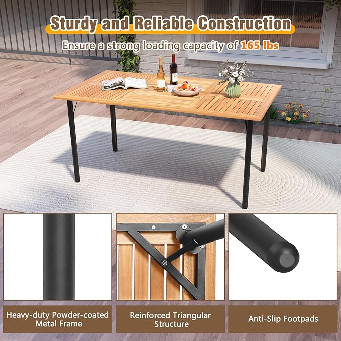 Patio Dining Table for 6 Persons, Acacia Wood Dining Table with 1.9" Umbrella Hole, Slat Tabletop & Metal Frame, Outdoor Dining Table Deck Furniture for Backyard & Lawn