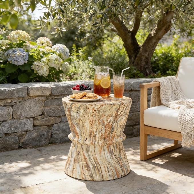 Merax Hourglass Shape Outdoor Side Table, Concrete Contemporary Lightweight Accent Table with Simulated Stone Texture, Outdoor Accent End Table for Livingroom, Garden, Amber+Brown