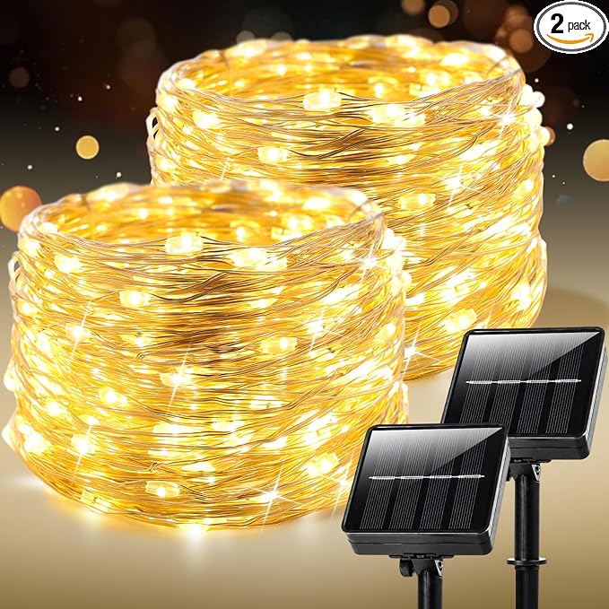 Solar String Lights for Outside,2 Pack 66FT 200 LEDs Solar Fairy Lights,Waterproof 8 Modes Button Outdoor String Light for Patio Garden Backyard Tree Wedding Christmas,Silver Wire,Warm White