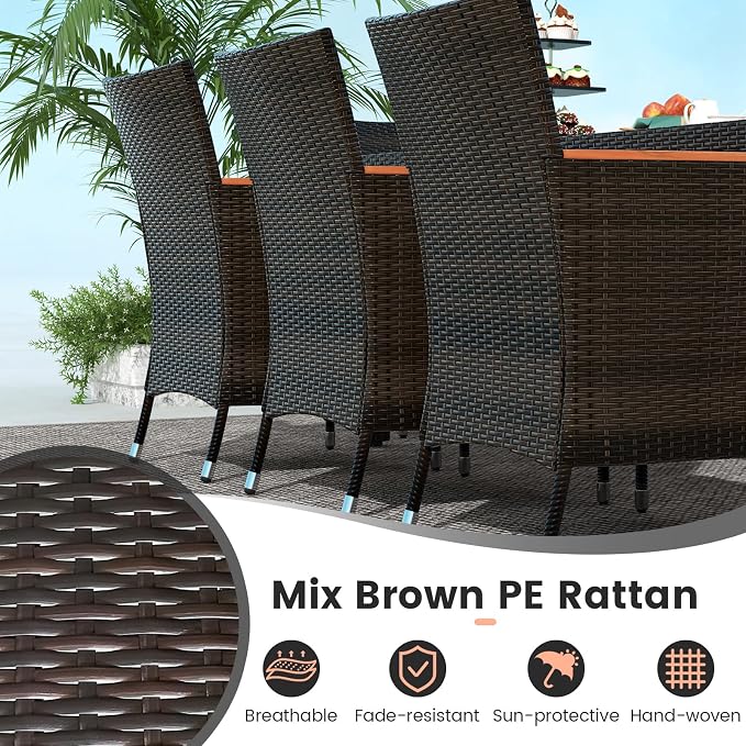 Tangkula 11 Pieces Patio Dining Set with 15ft Double-Sided LED Patio Umbrella (Base Included), Outdoor Rattan Furniture Set with 8 Stackable Chairs, Acacia Wood Dining Table and Umbrella (Navy)