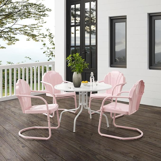 HomeStock Outdoor Metal Dining Set - 5 Piece Patio Table & Chairs - Pink & White