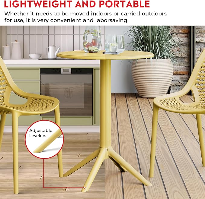 Costaelm Patio Table for 4-Person, Outdoor Patio PP Round Dining Table, All-Weather Bistro Dining Table for Backyard Deck Porch Poolside, Yellow