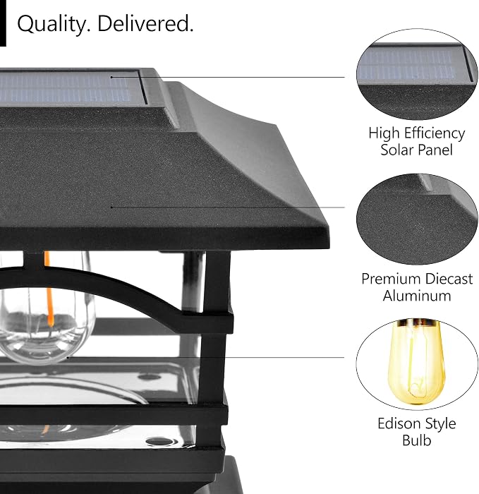 Davinci Edison Solar Outdoor Post Cap Lights, 4x4 5x5 6x6, Metal&Glass, 2PK | Slate Black, fence/deck/garden/patio posts, diecast aluminum & glass, bright 30lm warm white LED, auto-on, 8h, cordless, IP44
