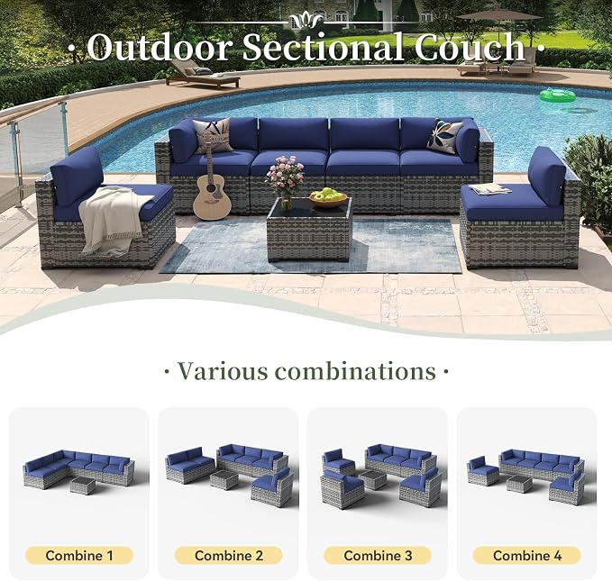 Aoxun 7 Piece Patio Furniture Set Wicker Rattan Patio Conversation Set Outdoor Sectional Sofa Set with Coffee Table and Thickened Cushions, Gray/Blue