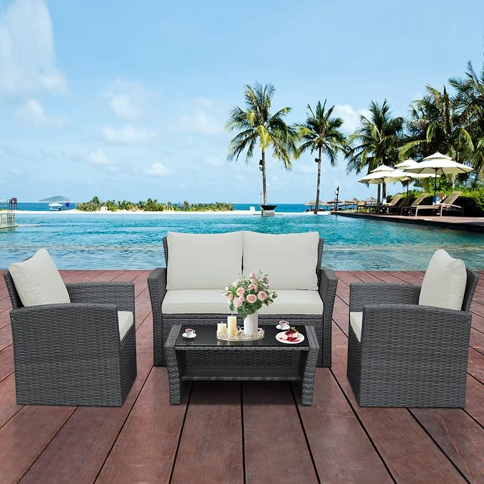 RELAX4LIFE 4 PCS Wicker Patio Furniture Set with Soft Cushions & Tempered Glass Table Outdoor Rattan Sofa Set for Backyard Garden Balcony Poolside Sectional Conversation Couch Set (Beige)
