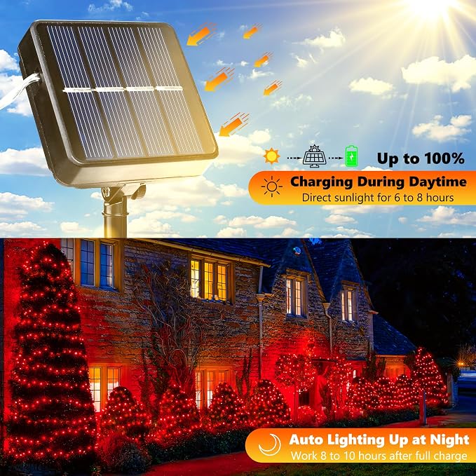 Joomer Solar Fairy Lights, 2-Pack Total 80FT 240LED String Lights, Red | Silver Wire, Solar String Light Waterproof 8 Lighting Modes for Patio Fence Party Garden Yard Home Outdoor Decoration