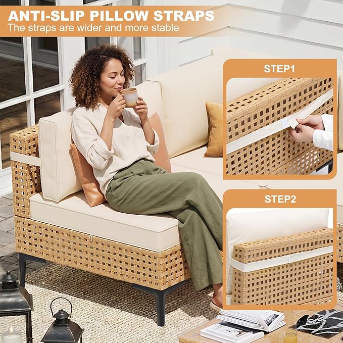 ABCASA Patio Sectional Furniture with Non-Slip Cushions, 110" Large 7-Piece Wicker Outdoor Patio Furniture Sets with Coffee Table,Boho Patio Conversation Set Sectional Sofa for Backyard,Porch,Beige