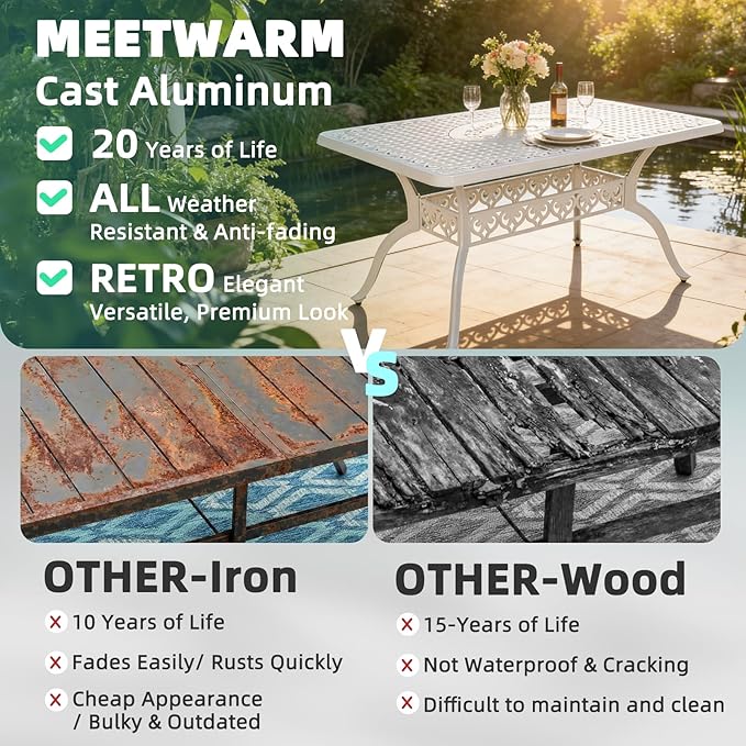 MEETWARM Outdoor 60" Rectangular Patio Dining Table, All Weather Cast Aluminum Large Patio Furniture Table Fits for 6-8 Person with 2" Umbrella Hole, White