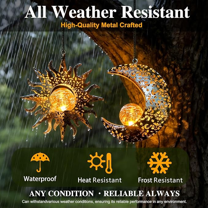 Solar Hanging Sun Moon Lights,Outdooor Lanterns Waterproof Garden Gifts | 2 Pack Metal,Crackle Glass,8-10 Runtime,Warm Glow,Easy Hang,Yard Patio Decor,Vintage Boho,Individual Wall Art,Gifts for Mom