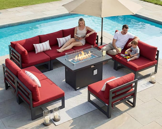 NICESOUL 9 Pcs Modern Aluminum Outdoor Patio Furniture Set with Fire Pit Table Propane/Gas, 29" Wide Deep Seat, Fade Resistant Large Sectional Sofa, 500 lbs Heavy Duty Backyard Conversation Set, Red