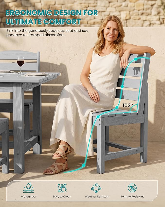 SERWALL All Weather Armless Outdoor Dining Chair Set of 2, Light Gray | Armless Dining Chairs built to last with 330 lb capacity. Compact 24.6"Dx19.3"Wx33.6"H. Weatherproof & easy to clean.