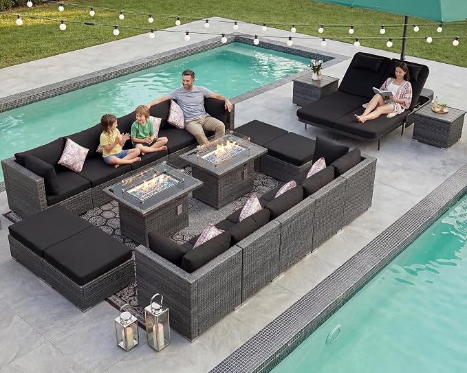 NICESOUL 20 Piece Outdoor Sectional with Fire Pit Table, 29.3'' High Back Extra Large Patio Furniture Set with Firepit & Chaise Lounge, 16-Person Outdoor Sofa Conversation Couch, Charcoal/Black