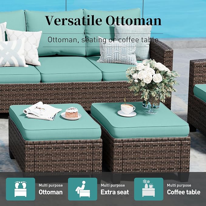 SUNSHINE VALLEY Swivel Glider Patio Furniture Set Outdoor Furniture Brown Wicker Rattan Patio Conversation Sets with Cushion Outside Sofa Set,6 Pieces 9 Seats,Blue