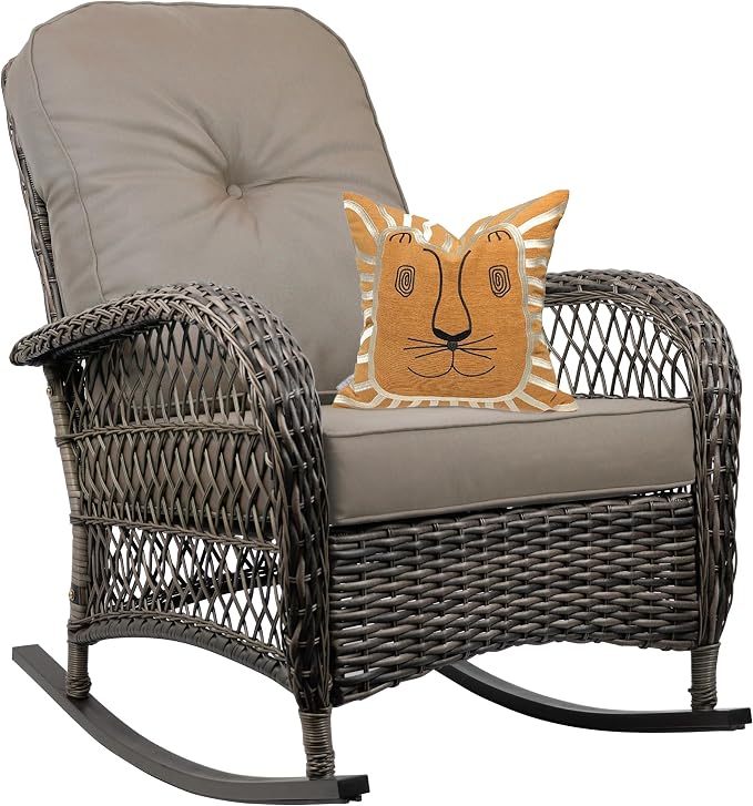 Outdoor Wicker Rocking Chair, All Weather Resin Rattan Wicker Rocking Chairs and Glass Coffee Table, for Garden Backyard Lown Porch,3pc,Brown