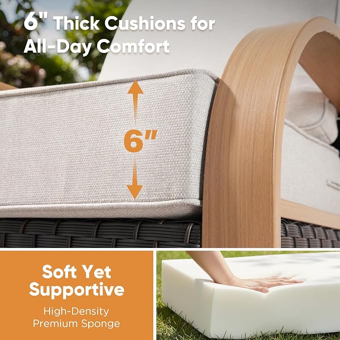 Belord 5 Piece Outdoor Patio Furniture Set with 6-Inch Thick Cushions, Outdoor Swivel Rocker Chairs with Patio Couch and Ottomans, 3 Seater Wicker Sofa for Deck Proch Balcony Yard, Wood & Beige
