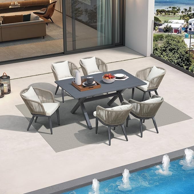 PURPLE LEAF 7 Pieces Patio Dining Set Wicker Outdoor Furniture Rectangular Table and Chairs Set for Garden Deck Aluminum Frame Backyard Kitchen Set, Cushions and Pillows Included Taupe
