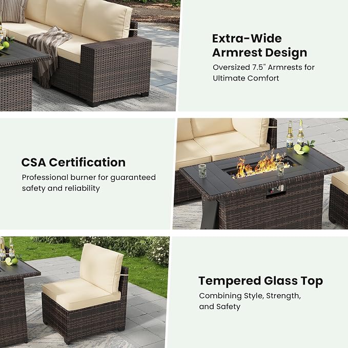 Soohow 7-Piece Patio Furniture Set with 44" Fire Pit Table, Outdoor Sectional Wicker Rattan Conversation Set for Garden, Porch, Backyard - Beige Cushions