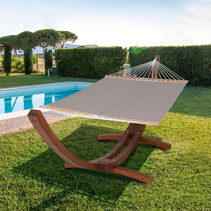 SUNCREAT Quick Dry Hammocks Standing Backyard Hammock with Stand, 2 Person Heavy Duty Hammock with 13.5 ft Wooden Stand, Brown