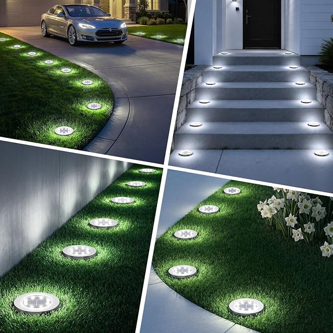 INCX 12 Pack 4.6 Inch Solar Ground Lights Outdoor, Waterproof, Cold White | 8 LEDs, 600mAh Ni-MH battery, 8-10 hr runtime, stainless steel and ABS body, garden lights for pathways, lawns and driveways