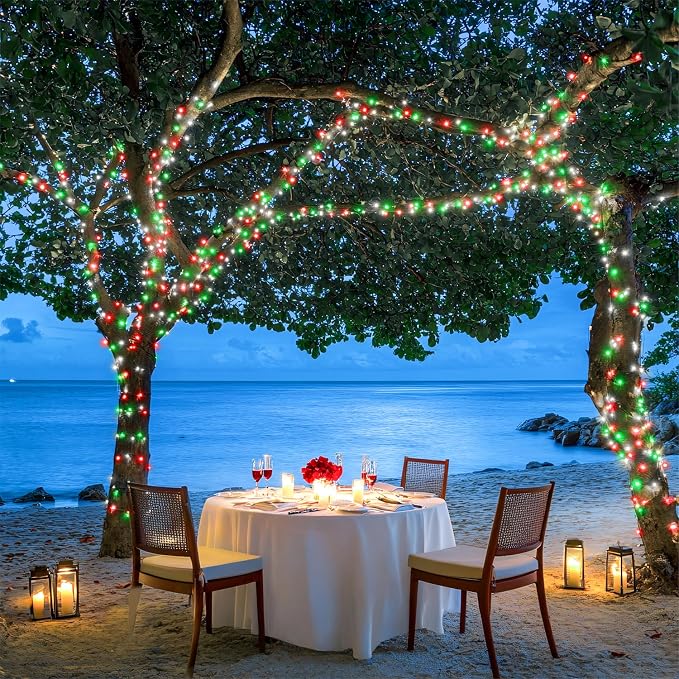 JMEXSUSS Connectable Red White and Green Christmas Lights | 8 Modes 100 LED Twinkle String Lights Indoor, Clear Wire Plug-in Xmas Lights Outdoor Waterproof
