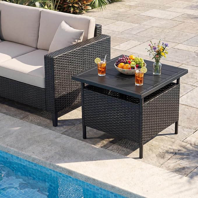 HAPPYGRILL Patio Umbrella Table Stand, Rattan Outdoor Side Table with Umbrella Hole, PE Wicker Frame, for Patio Garden Deck Poolside (Black)